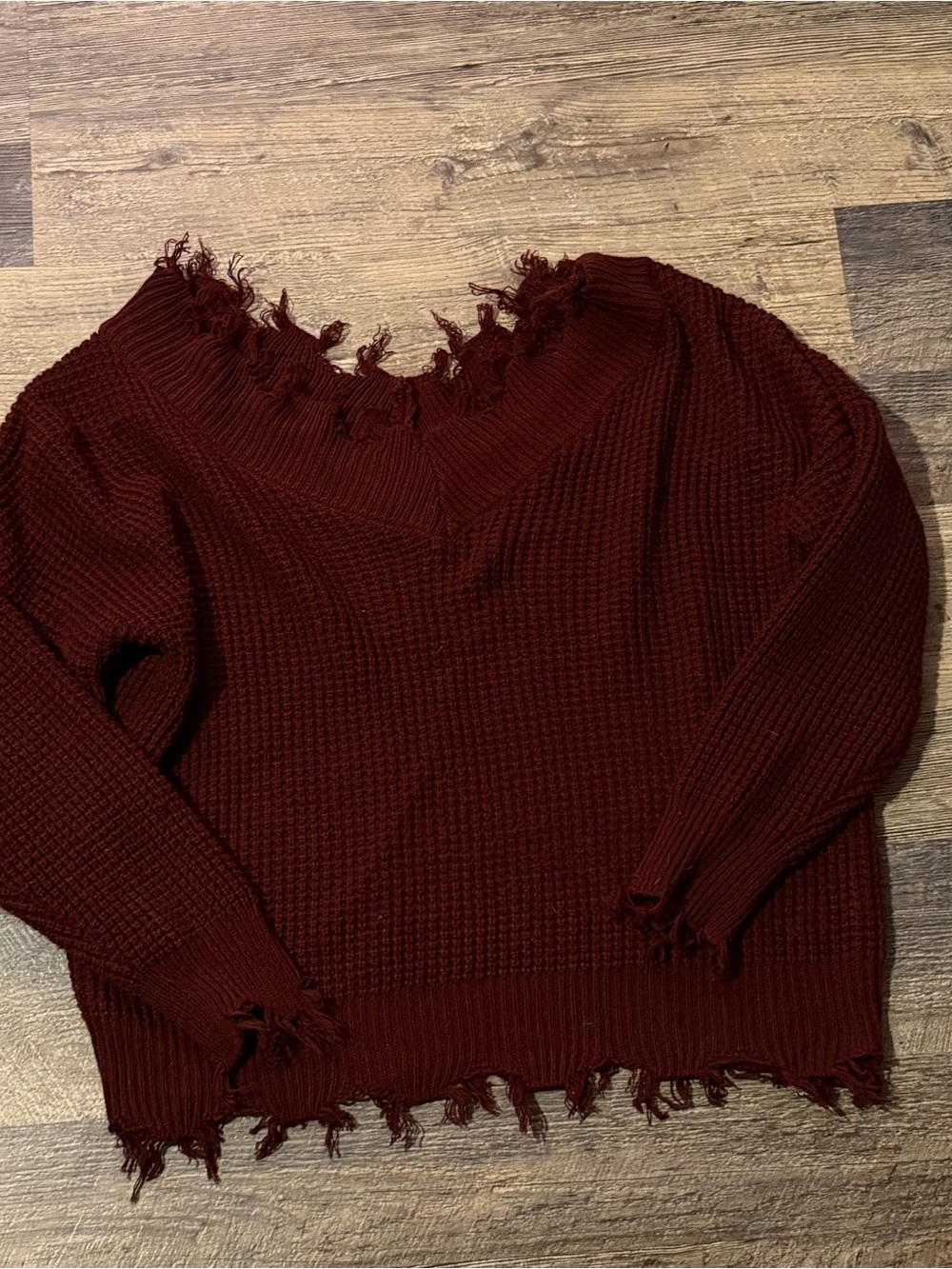 Zenana Outfitters Off-the-Shoulder Distressed Knit Sweater - Burgundy - Picture 2 of 2